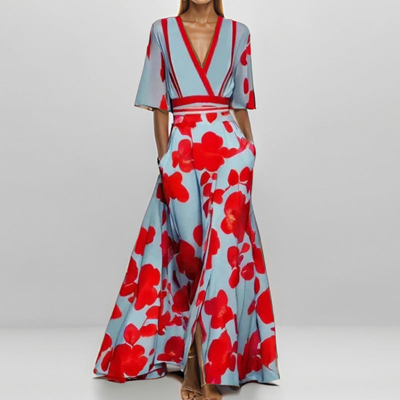 Elegant V-Neck Printed Lace-Up Dress