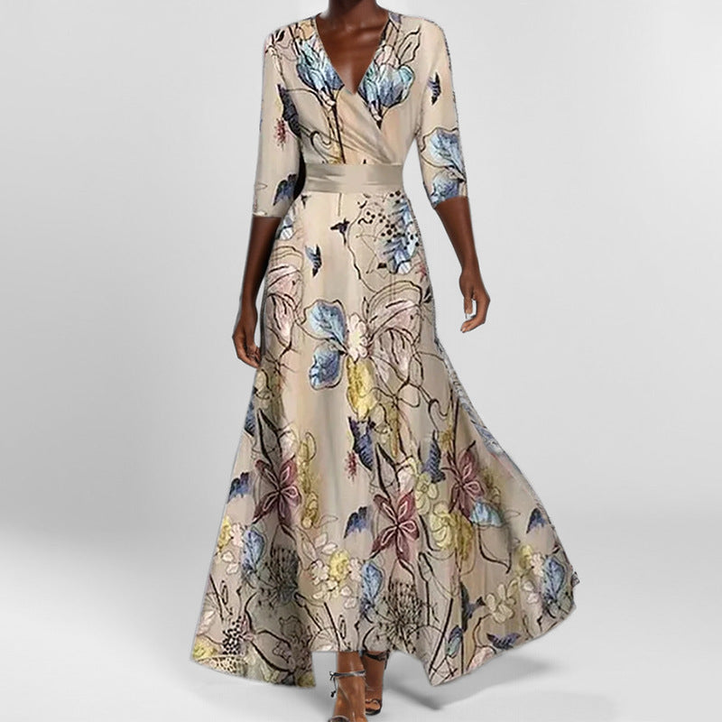 Elegant V-Neck Printed Lace-Up Dress