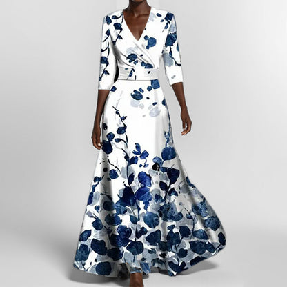 Elegant V-Neck Printed Lace-Up Dress