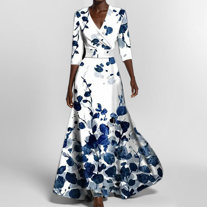Elegant V-Neck Printed Lace-Up Dress
