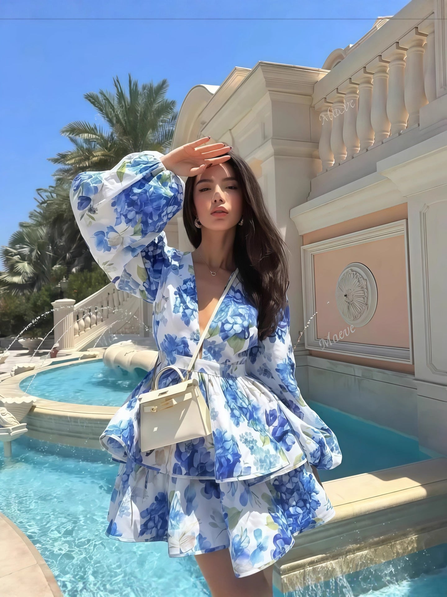 Elegant V-Neck Puff Sleeve Printed Dress