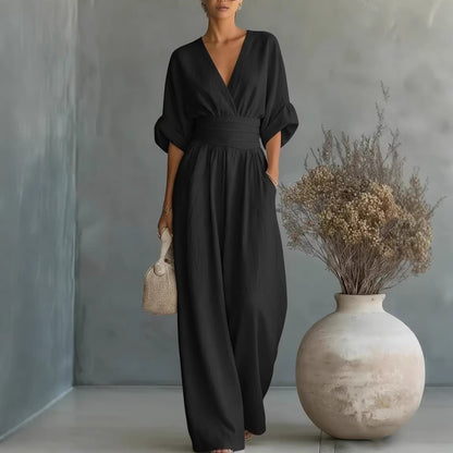 Elegant V-Neck Waist-Cinching Women's Jumpsuit
