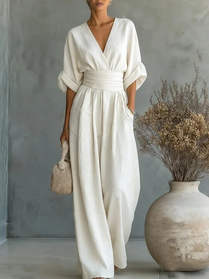 Elegant V-Neck Waist-Cinching Women's Jumpsuit