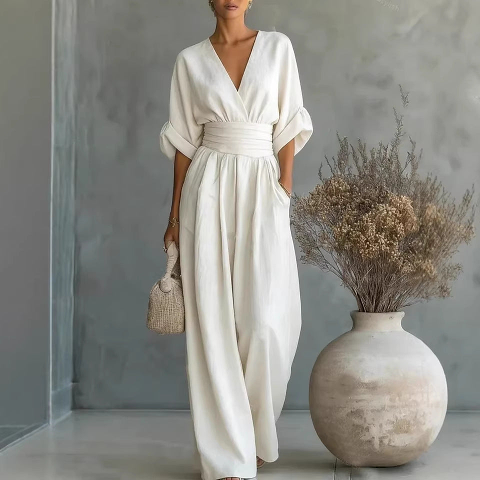 Elegant V-Neck Waist-Cinching Women's Jumpsuit