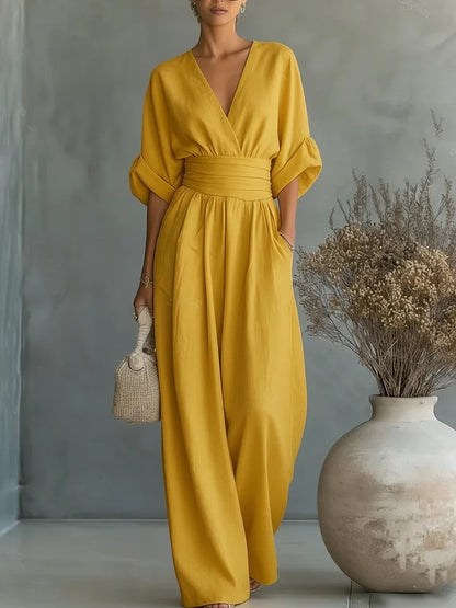 Elegant V-Neck Waist-Cinching Women's Jumpsuit