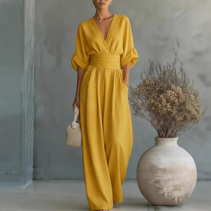 Elegant V-Neck Waist-Cinching Women's Jumpsuit