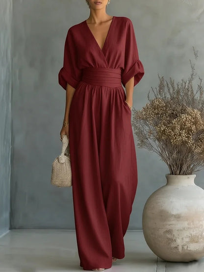 Elegant V-Neck Waist-Cinching Women's Jumpsuit