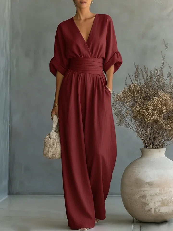 Elegant V-Neck Waist-Cinching Women's Jumpsuit