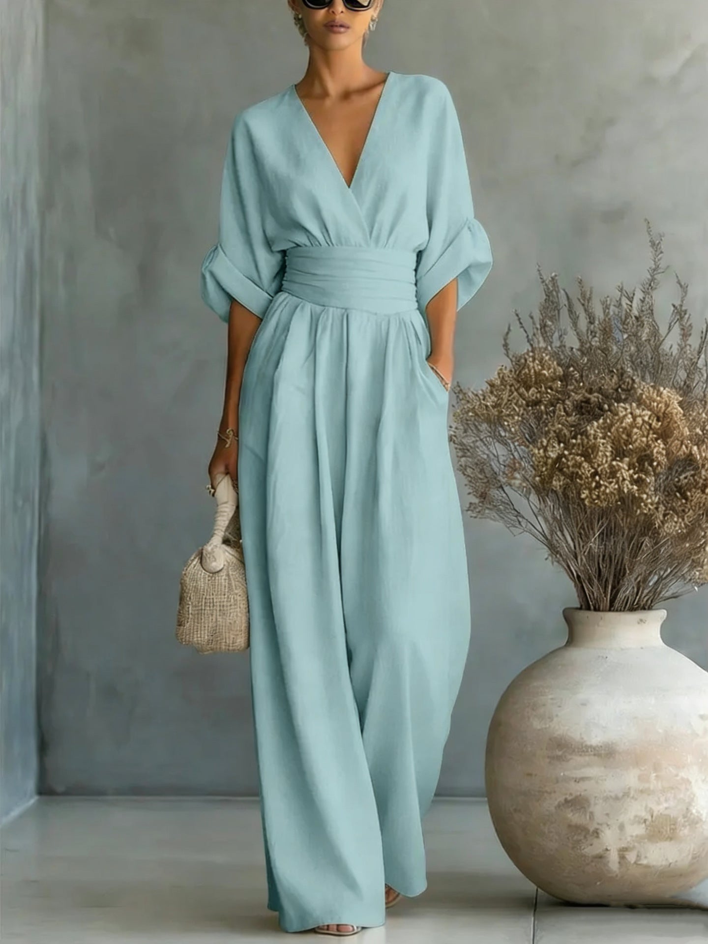 Elegant V-Neck Waist-Cinching Women's Jumpsuit