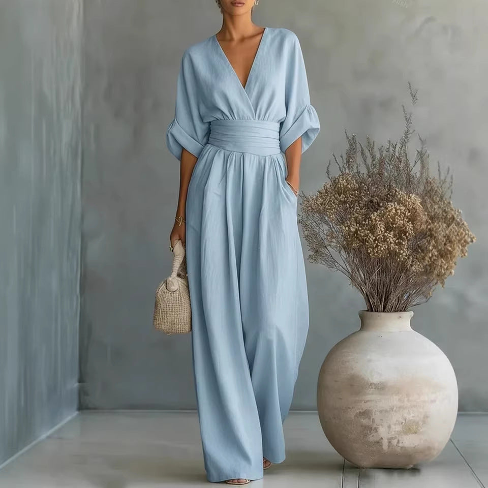Elegant V-Neck Waist-Cinching Women's Jumpsuit
