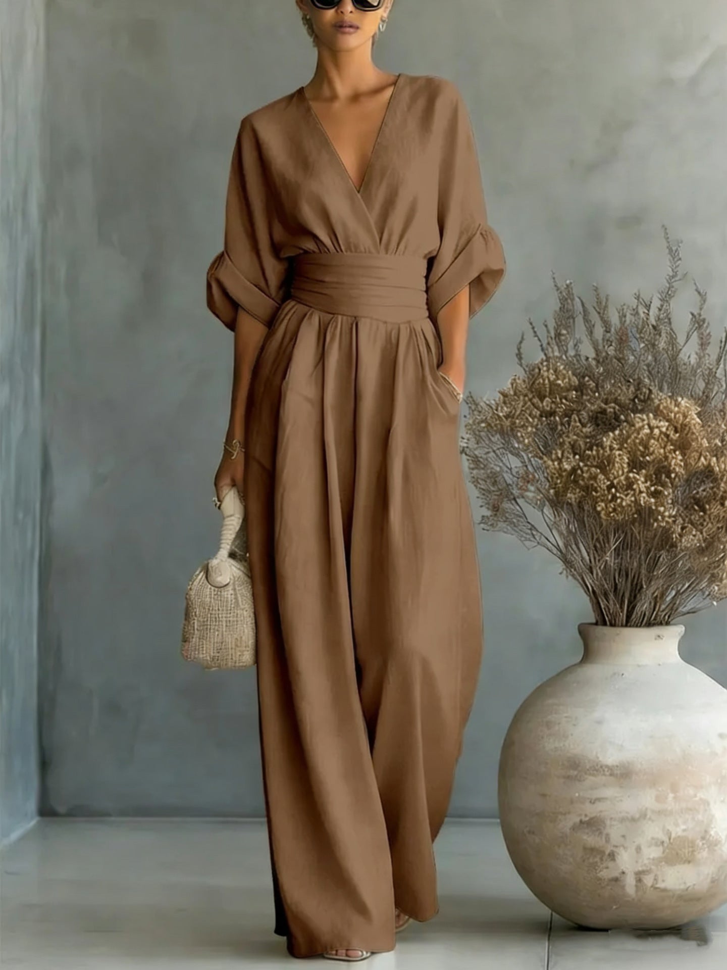 Elegant V-Neck Waist-Cinching Women's Jumpsuit