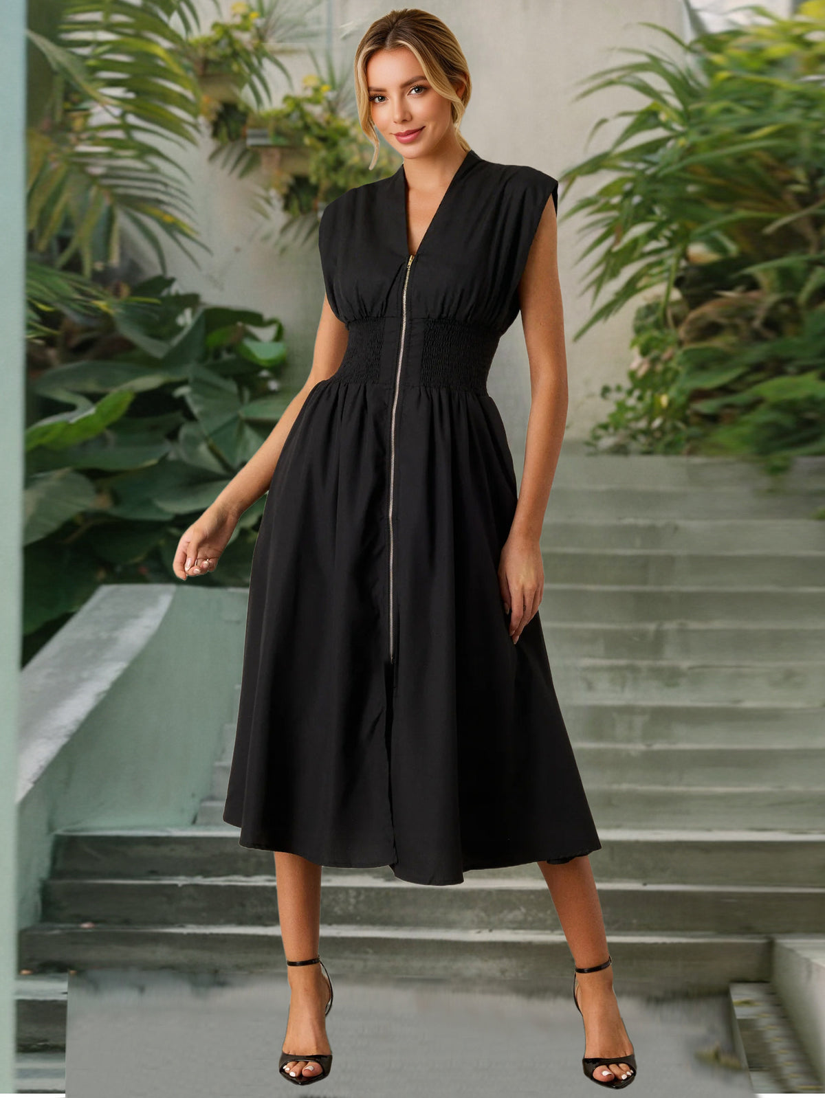 Elegant V-Neck Zipper Front A-Line Dress