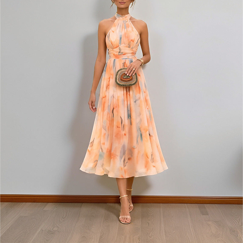 Elegant Vacation Printed Halter Neck Sleeveless Long Dress for Women