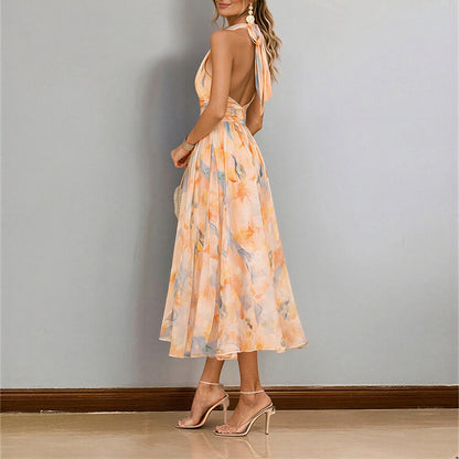 Elegant Vacation Printed Halter Neck Sleeveless Long Dress for Women