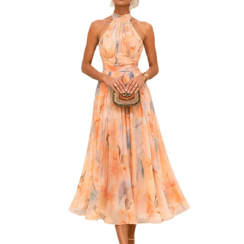 Elegant Vacation Printed Halter Neck Sleeveless Long Dress for Women