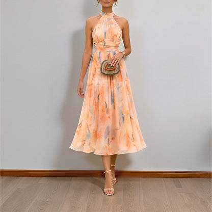 Elegant Vacation Printed Halter Neck Sleeveless Long Dress for Women
