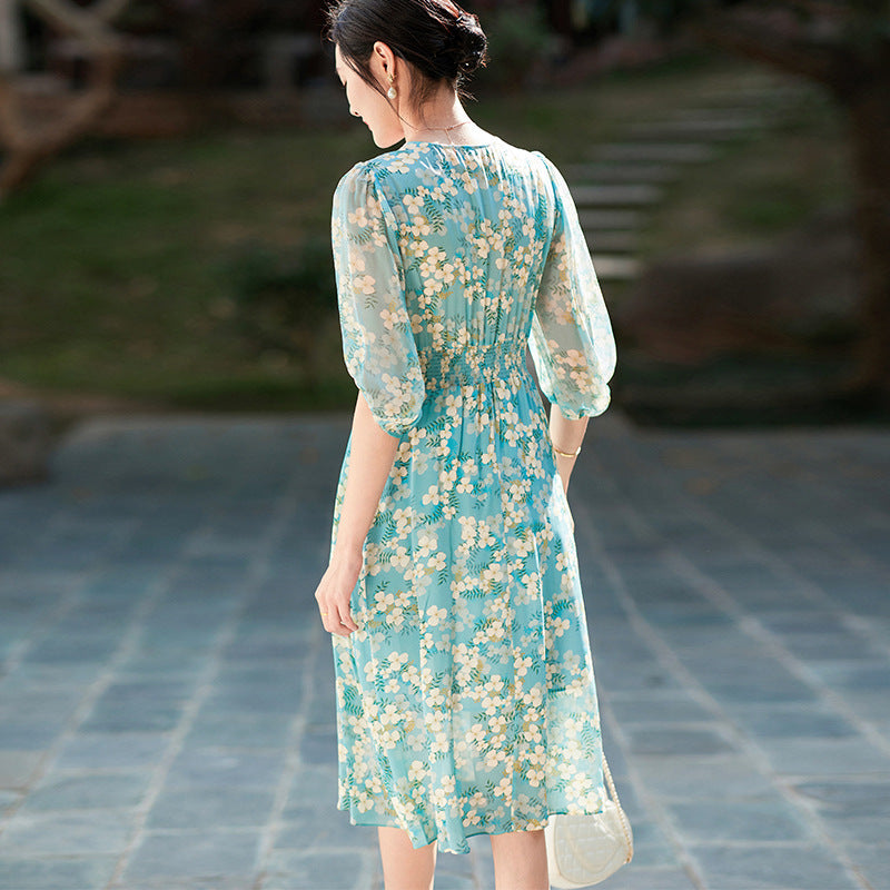 Elegant Waist Cinching Floral Silk Dress