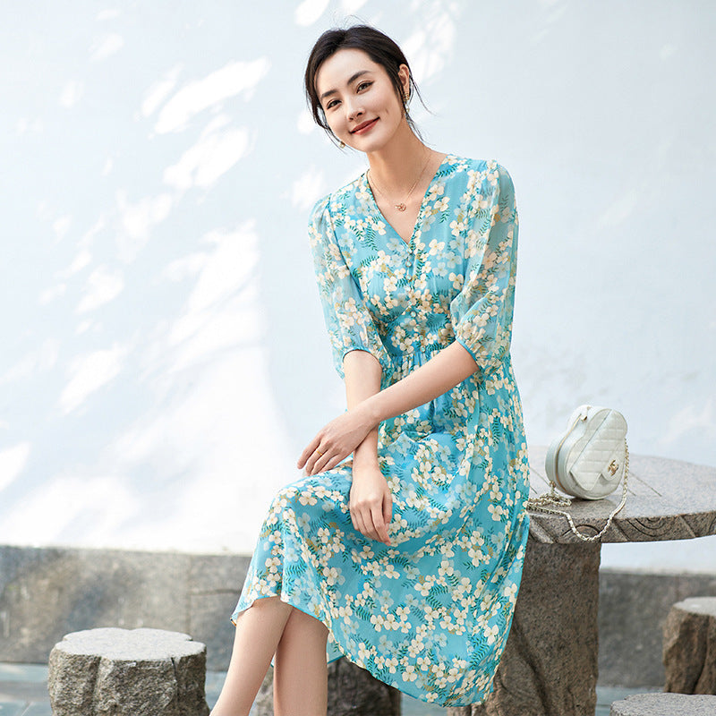 Elegant Waist Cinching Floral Silk Dress
