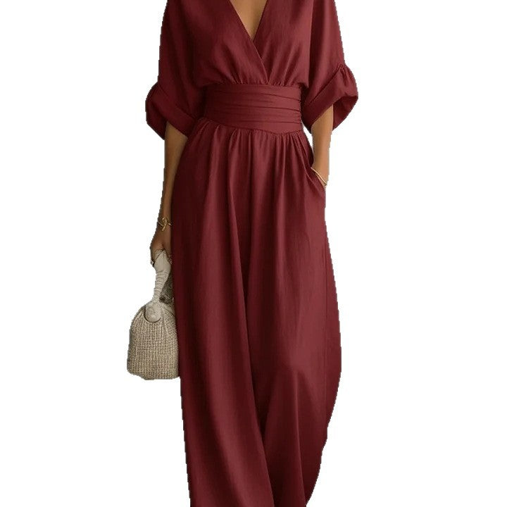 Elegant Waist-Cinching V-Neck Womens Jumpsuit