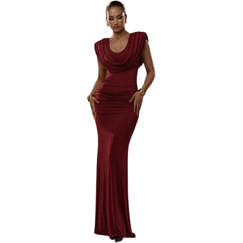 Elegant Waist Pleated Swing Collar Dress