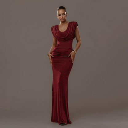 Elegant Waist Pleated Swing Collar Dress