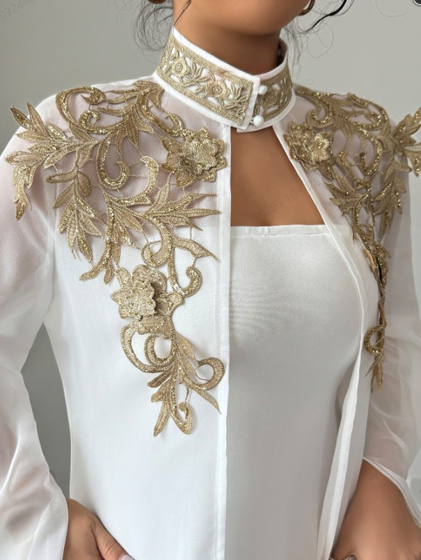 Elegant White Long Sleeve Evening Gown
