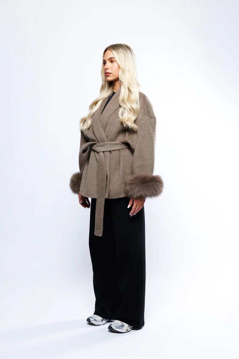 Elegant Women's Woolen Coat with V-Neck and Loose Fit