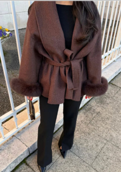 Elegant Women's Woolen Coat with V-Neck and Loose Fit