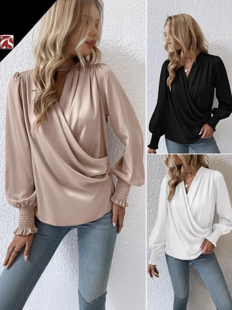 Elegant Women V-neck Lantern Sleeve Shirt