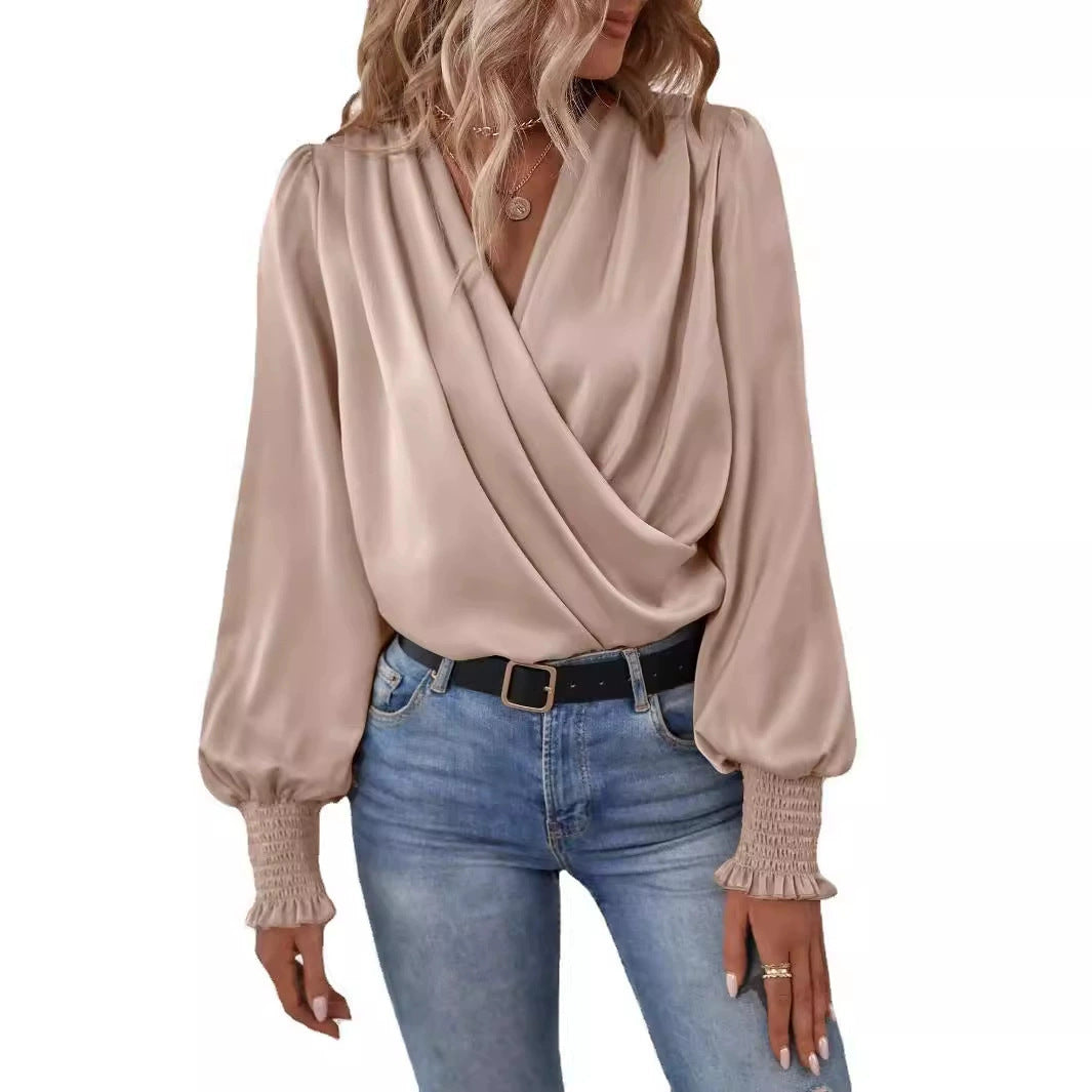 Elegant Women V-neck Lantern Sleeve Shirt