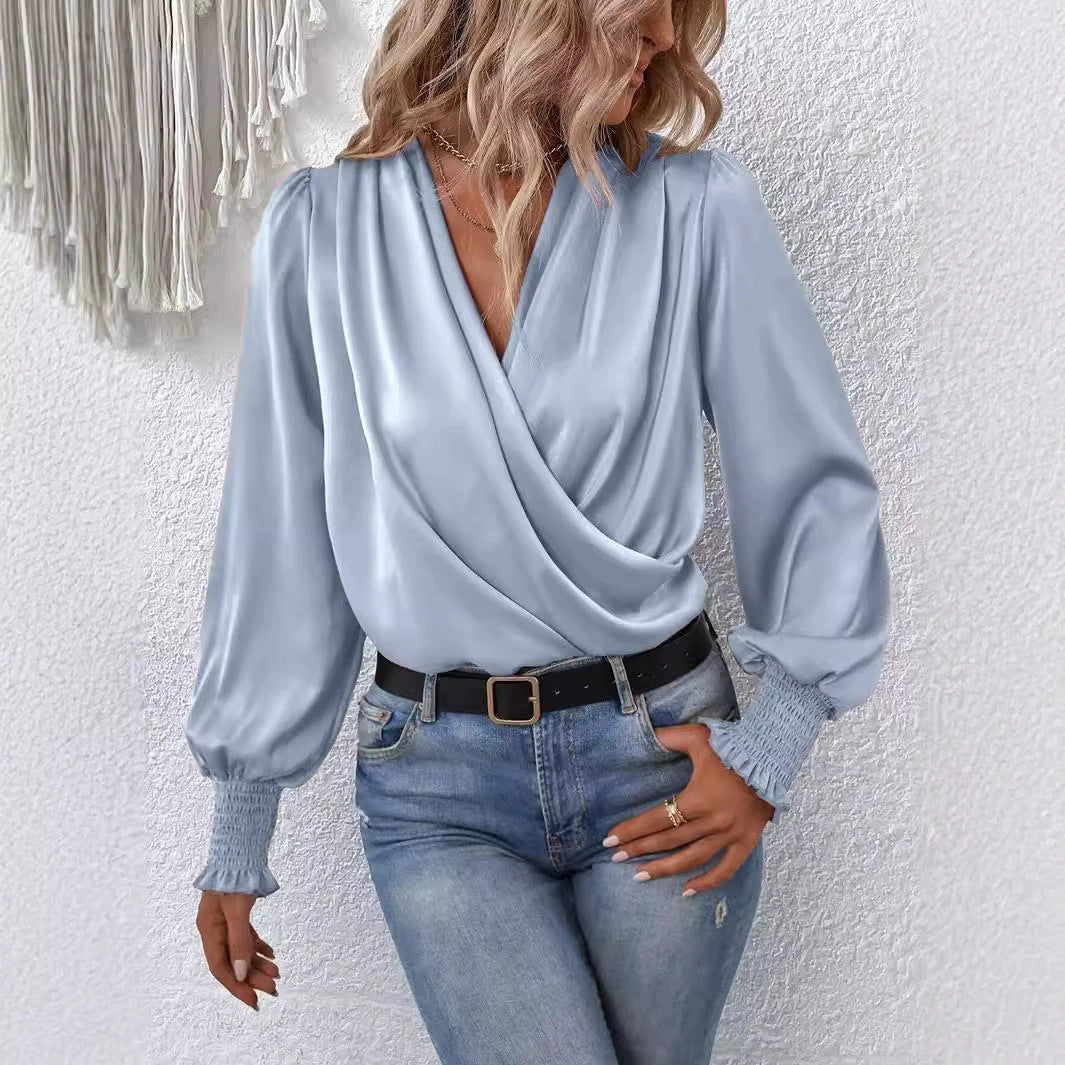 Elegant Women V-neck Lantern Sleeve Shirt
