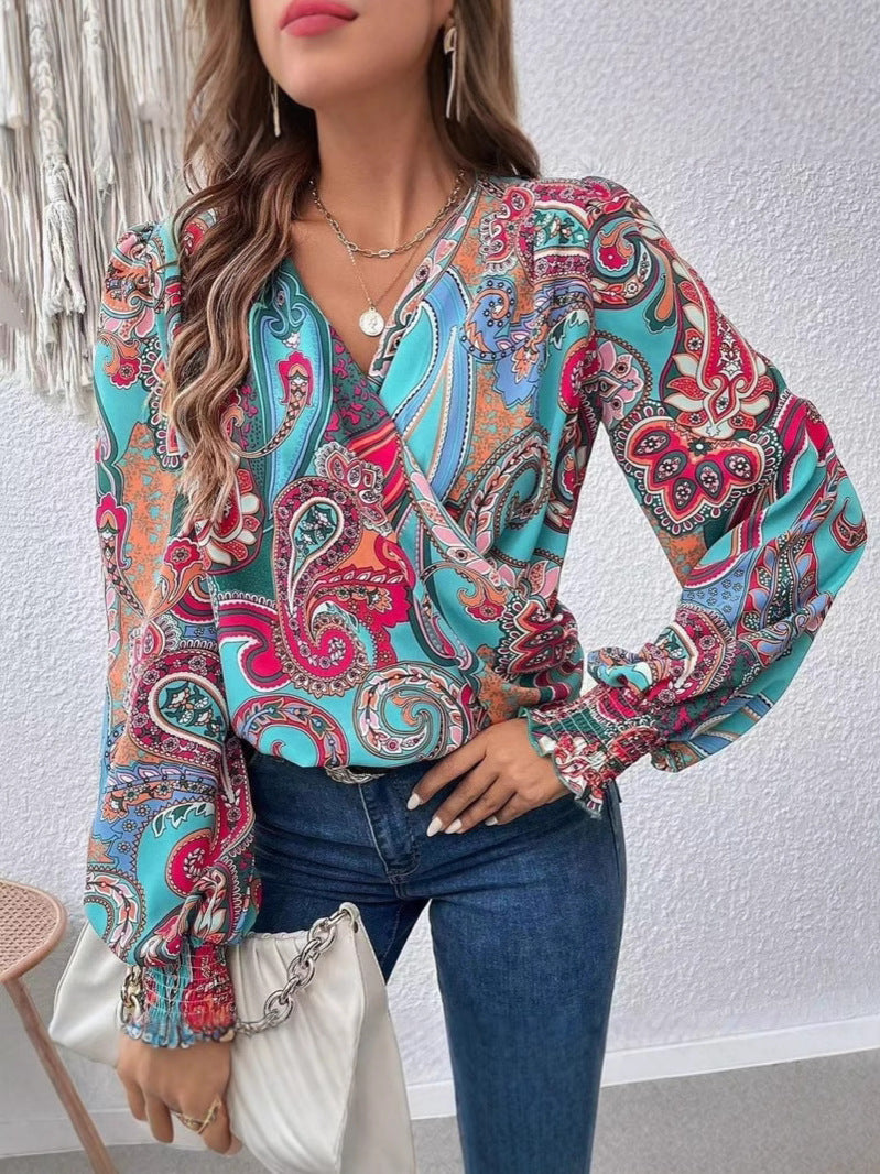 Elegant Women V-neck Lantern Sleeve Shirt