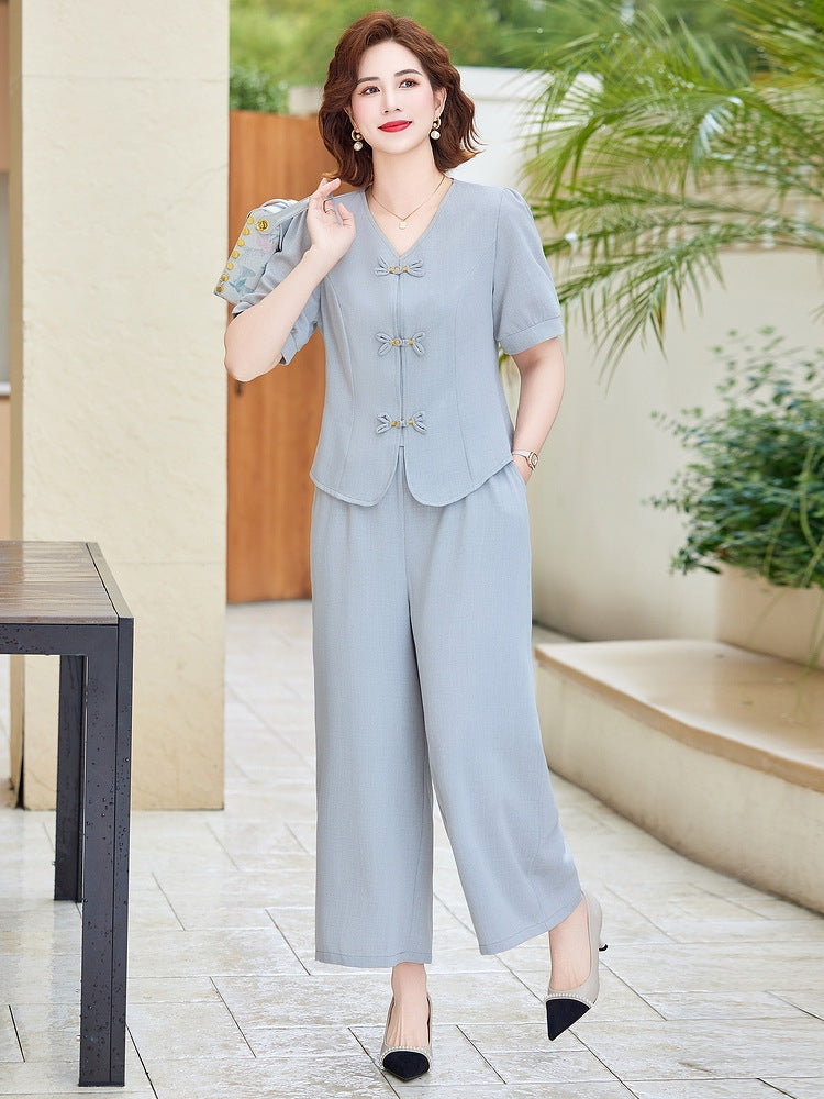Elegant Womens Wide-Leg Pants Suit with V-Neck Shirt