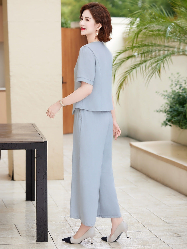 Elegant Womens Wide-Leg Pants Suit with V-Neck Shirt