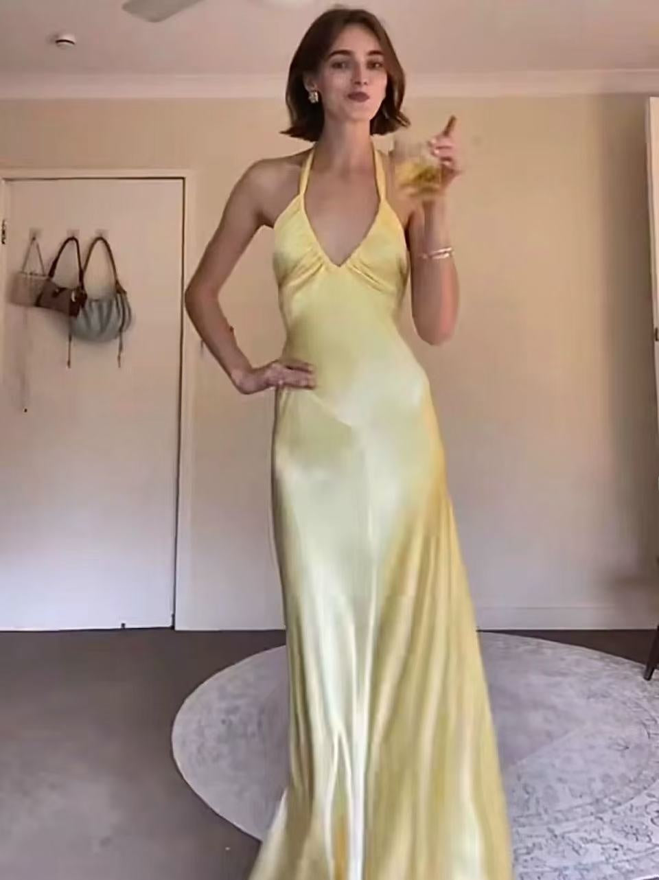 Elegant Yellow Satin Backless Long Dress