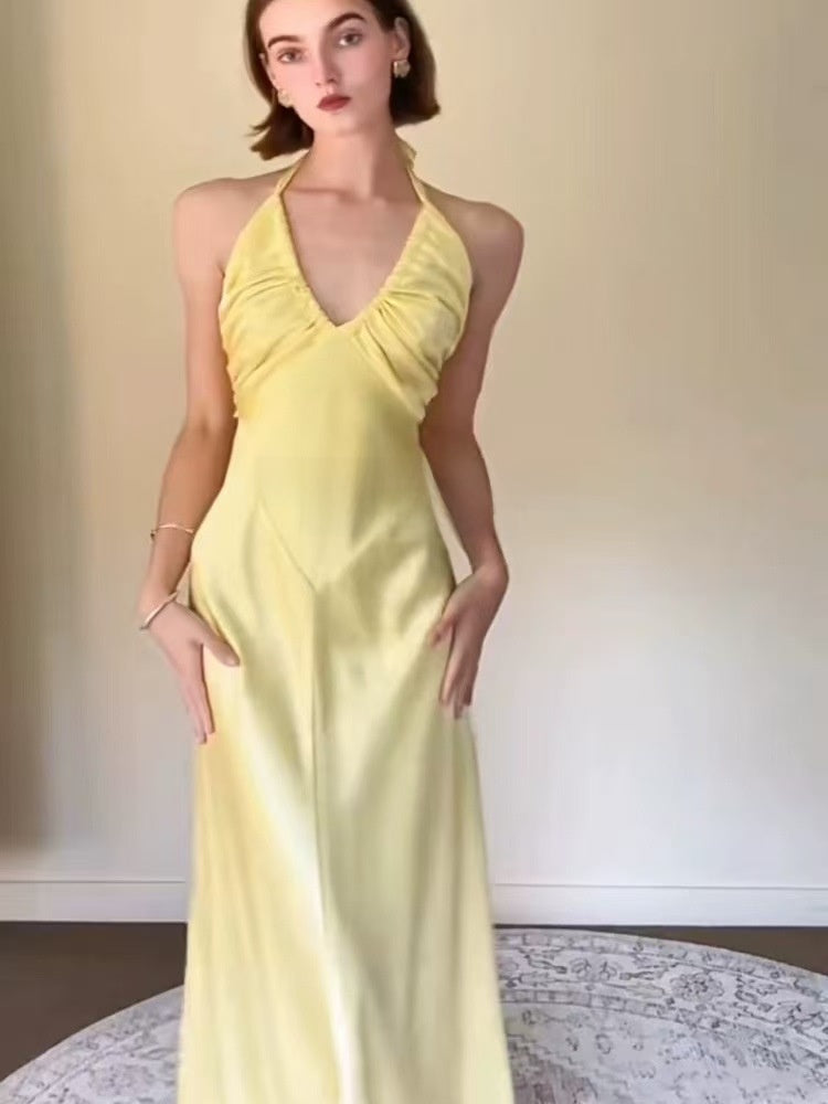 Elegant Yellow Satin Backless Long Dress