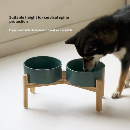 Elevated Ceramic Pet Food Bowl with Bamboo Stand