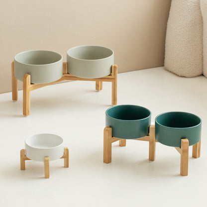 Elevated Ceramic Pet Food Bowl with Bamboo Stand