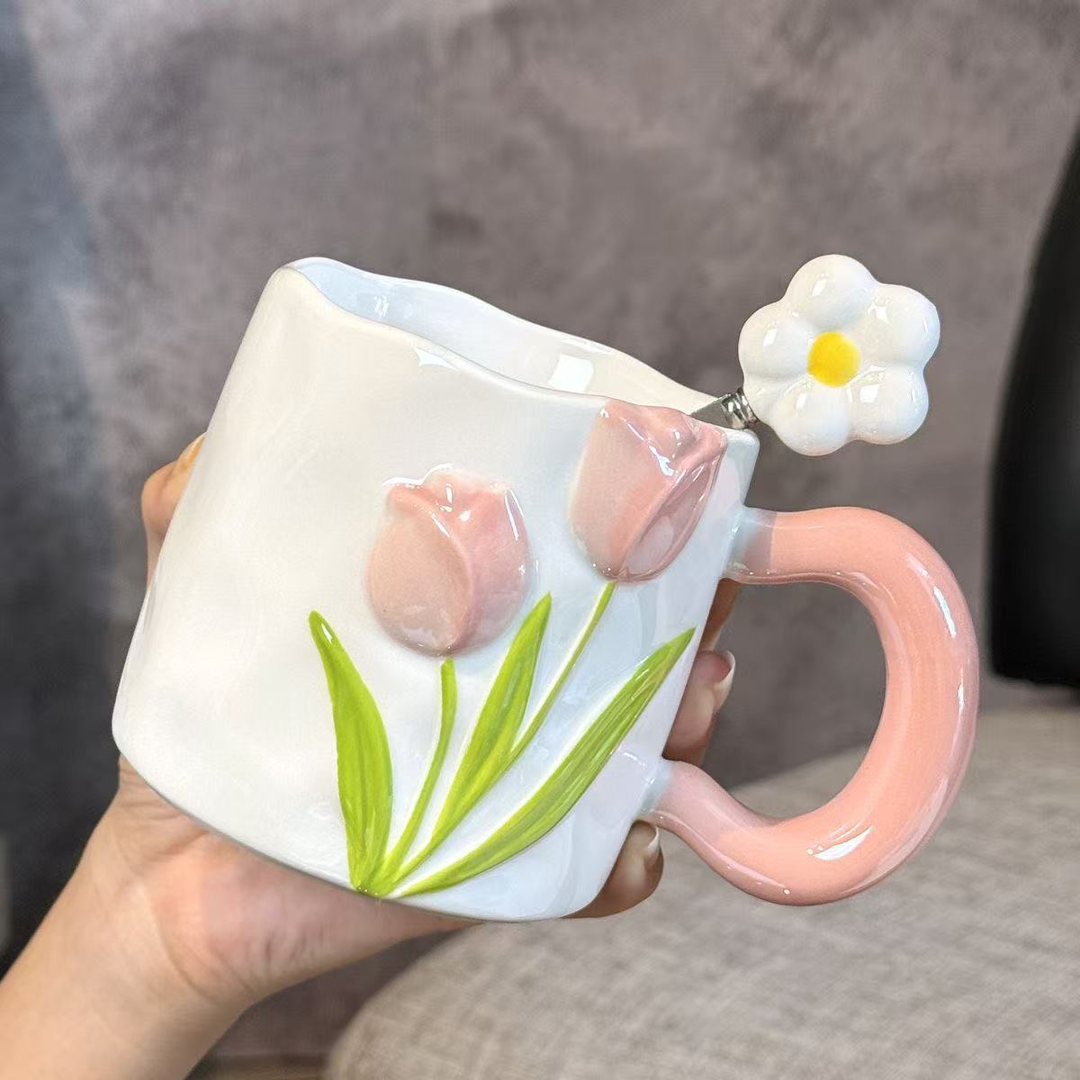 Embossed Hand-drawn Tulip Ceramic Mug