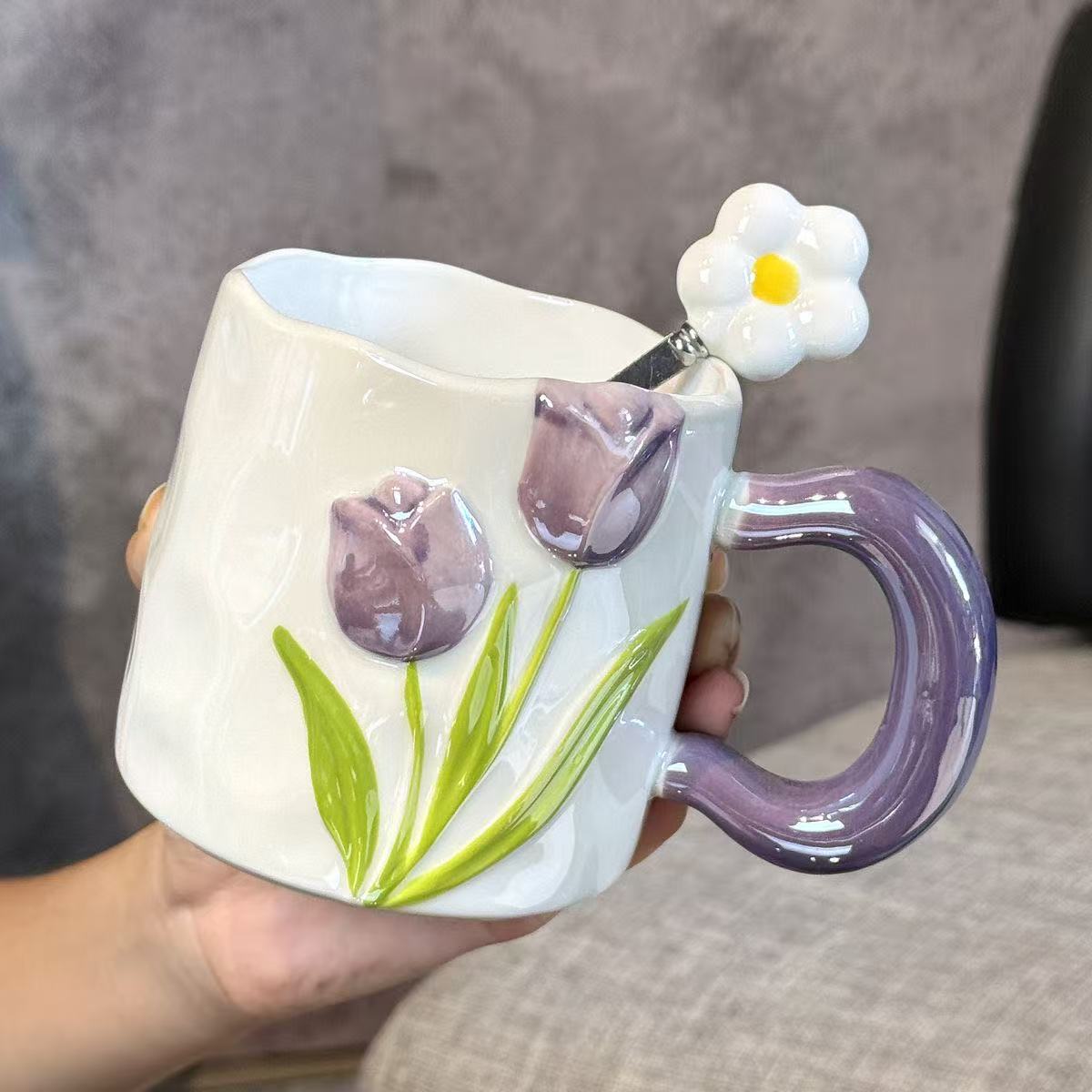 Embossed Hand-drawn Tulip Ceramic Mug
