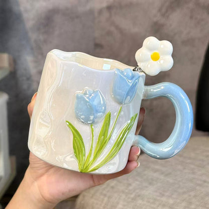 Embossed Hand-drawn Tulip Ceramic Mug