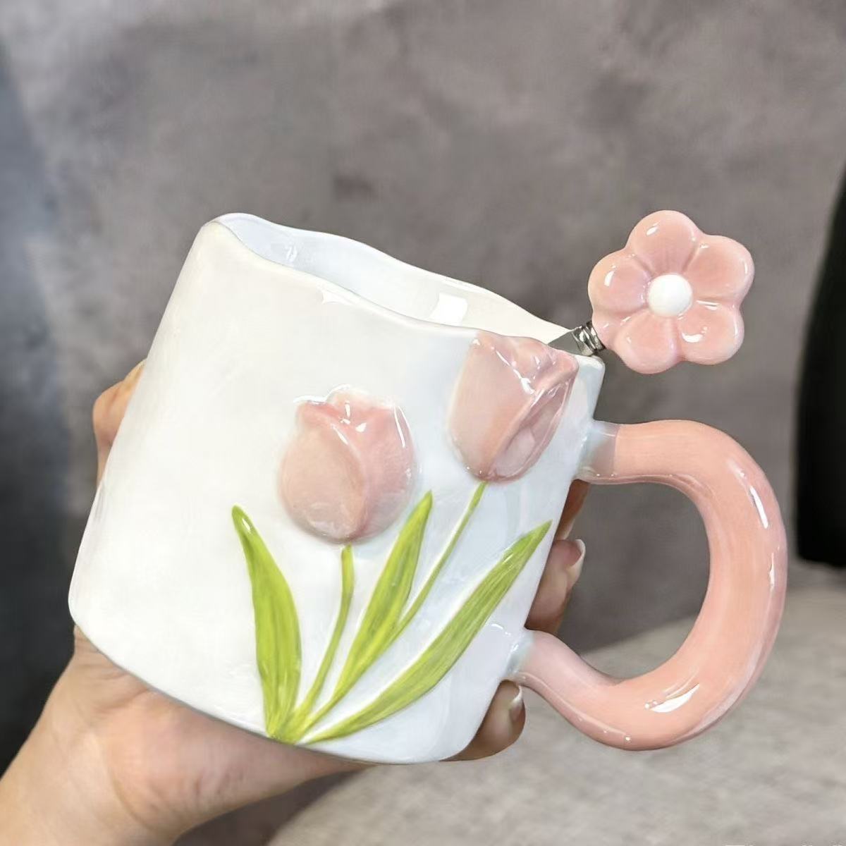 Embossed Hand-drawn Tulip Ceramic Mug