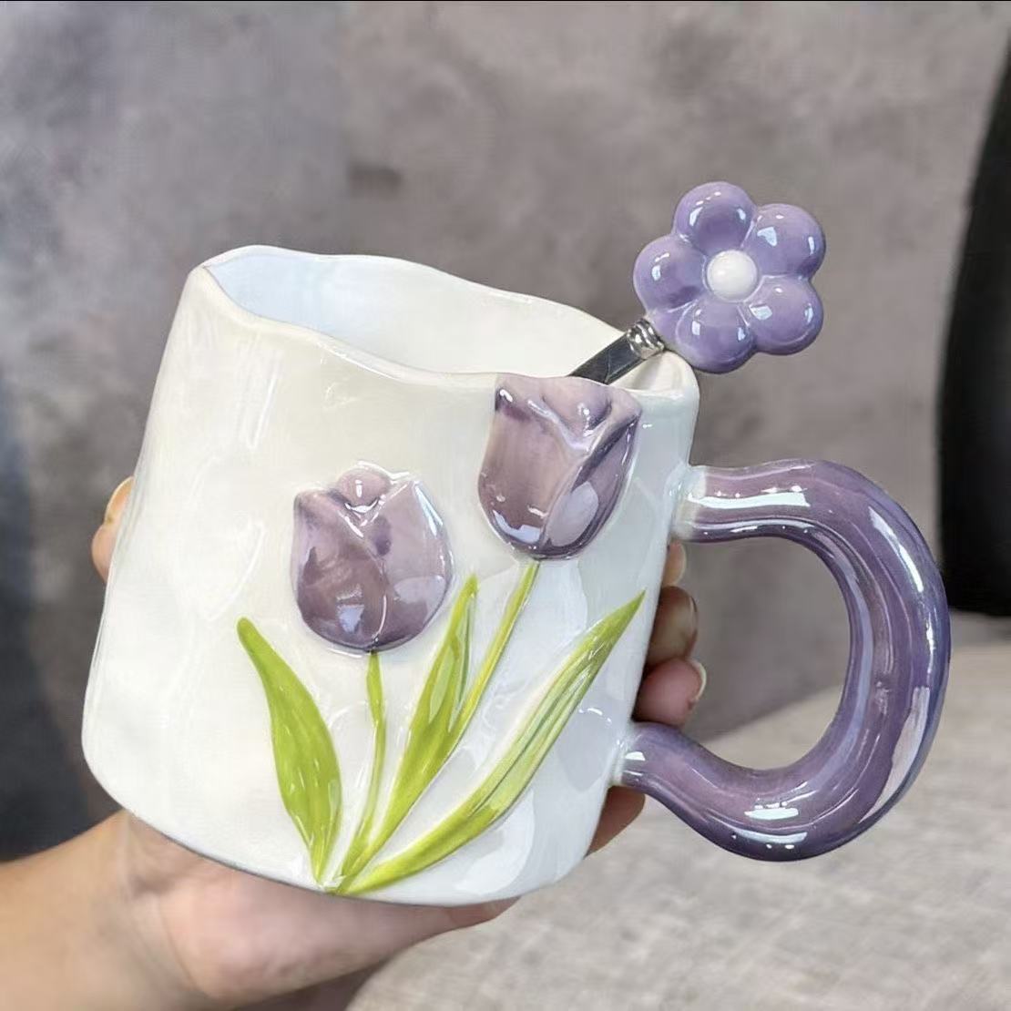 Embossed Hand-drawn Tulip Ceramic Mug