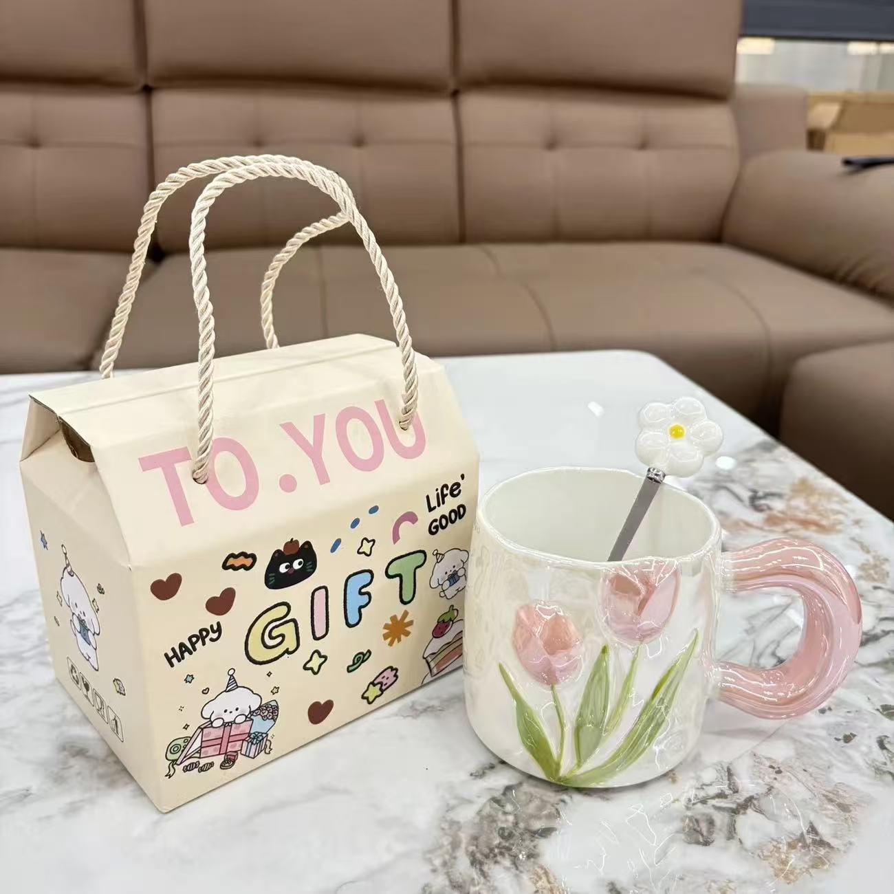 Embossed Hand-drawn Tulip Ceramic Mug