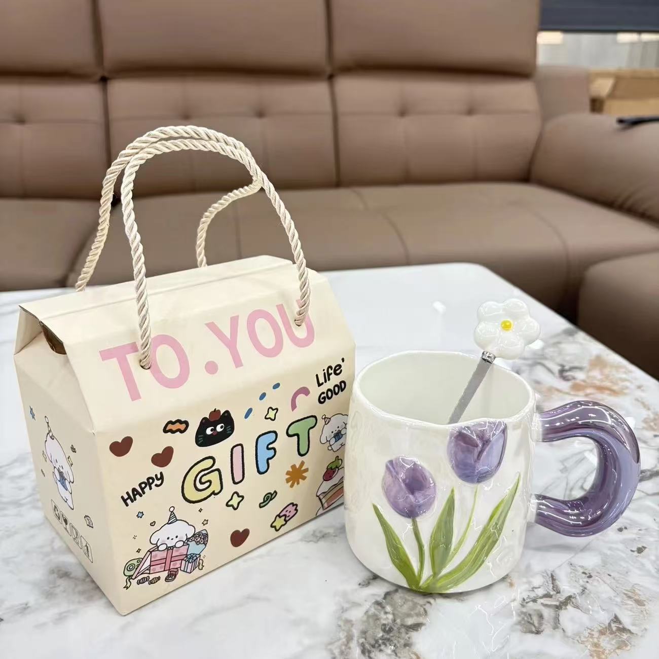 Embossed Hand-drawn Tulip Ceramic Mug
