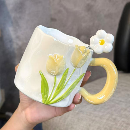 Embossed Hand-drawn Tulip Ceramic Mug