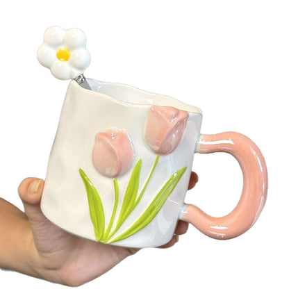 Embossed Hand-drawn Tulip Ceramic Mug