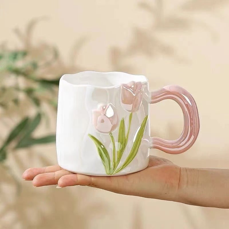 Embossed Hand-drawn Tulip Ceramic Mug