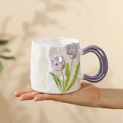 Embossed Hand-drawn Tulip Ceramic Mug