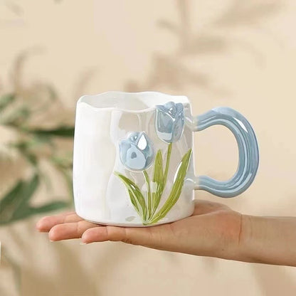 Embossed Hand-drawn Tulip Ceramic Mug